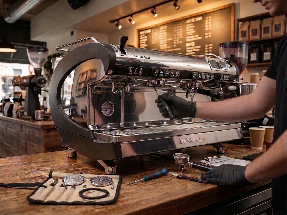 Technician servicing a commercial espresso machine at a café bar
